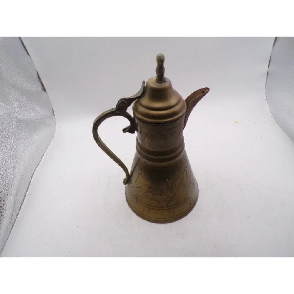 Vintage Brass Dallah Coffee Pot Hand Etched Egyptian Pyramid Design 7.5‎ Inch